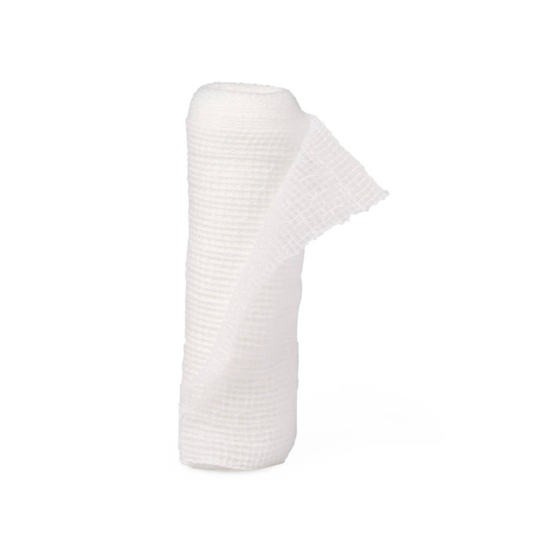 A roll of Medline Nonsterile Conforming Stretch Gauze Bandages stands upright on a plain white background, with one end partially unrolled and draped to the side.